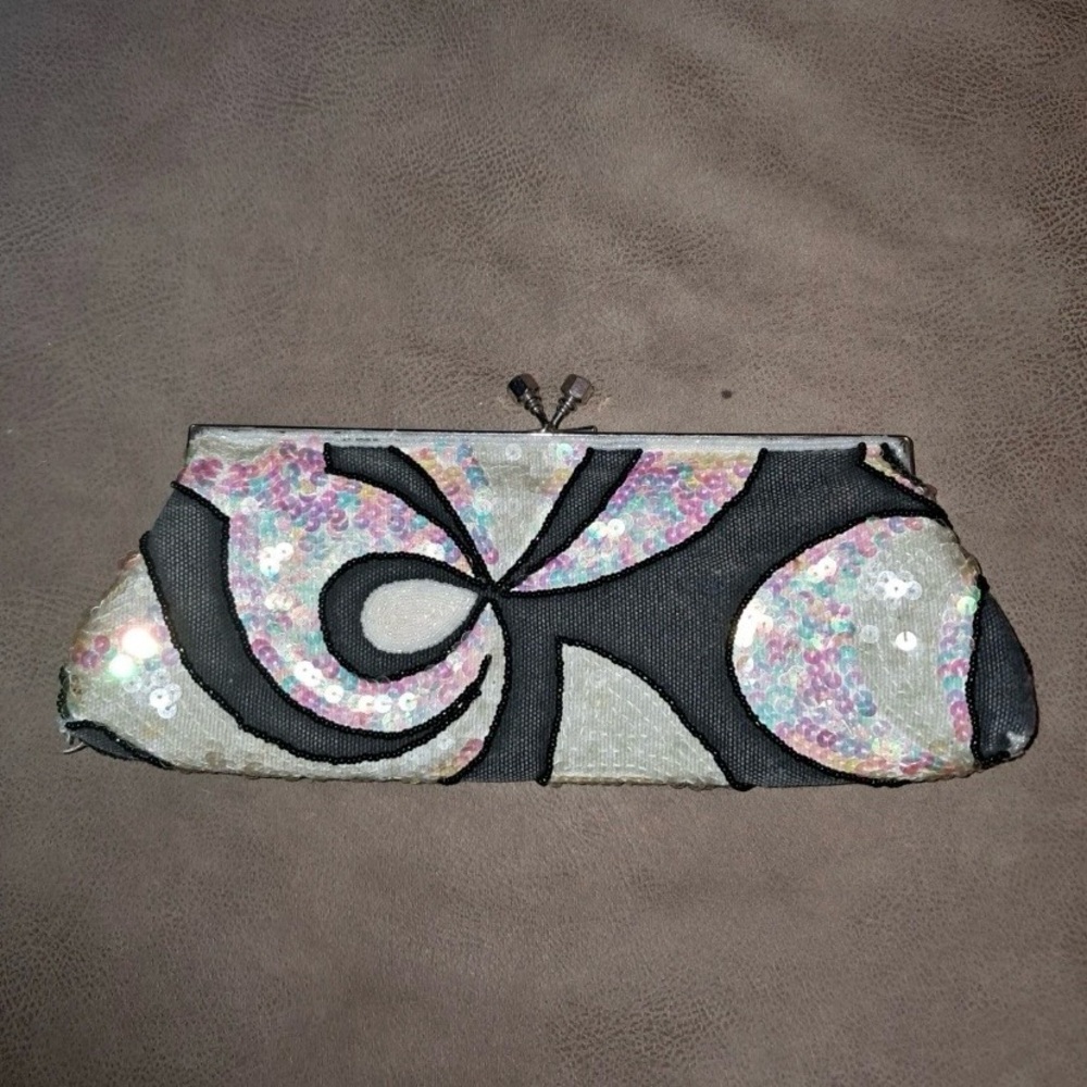 Vintage Sequin Evening Clutch – Black & Iridescent Swirl Design w/ Beaded Strap - Picture 2 of 4